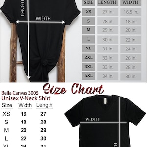 May include: Size chart for Bella Canvas 3001 and 3005 unisex t-shirts. The chart shows the length and width measurements in inches for sizes XS to 4XL.