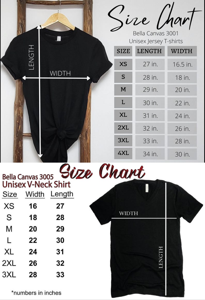 May include: Size chart for Bella Canvas 3001 and 3005 unisex t-shirts. The chart shows the length and width measurements in inches for sizes XS to 4XL.