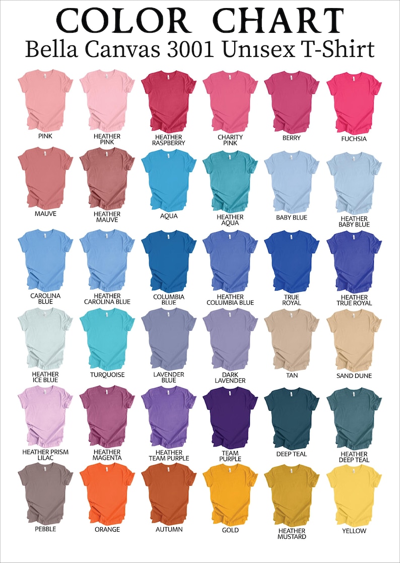 May include: Colour chart displaying 30 different colours of Bella Canvas 3001 Unisex T-Shirts. The colours are arranged in rows and columns, with the name of each colour printed below the corresponding shirt.