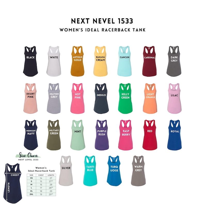 May include: A display of racerback tank tops in various colors, including black, white, and red. The image includes a size chart and the text "NEXT NEVEL 1533 WOMEN'S IDEAL RACERBACK TANK".