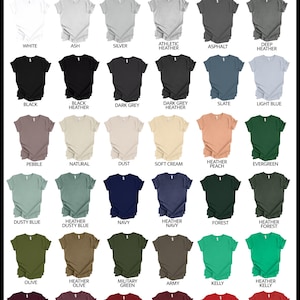 May include: Color chart of Bella Canvas 3001 Unisex T-shirts in various colors, including white, black, navy, and red. The chart displays the available colors, such as Ash, Silver, Heather, and Olive, for the t-shirts.