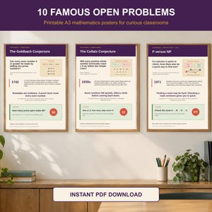 Puede incluir: Tres pósteres A3 enmarcados titulados 10 Famous Open Problems, que presentan la conjetura de Goldbach, la conjetura de Collatz y P versus NP. Cada póster incluye fechas históricas, explicaciones matemáticas y diagramas.