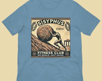 Maglietta unisex con grafica ispirata alla mitologia greca del Sisyphus Fitness Club - Maglietta per allenamento in stile greco