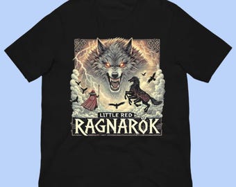 Maglietta Little Red Ragnarok – Maglietta grafica Fenrir della mitologia norrena, mix di miti vichinghi e fiabe.