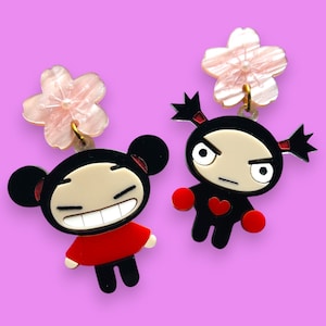 PERSONAJES DE ANIME - Linda pareja surcoreana de dibujos animados vintage con flores de Sakura - Pendientes acrílicos