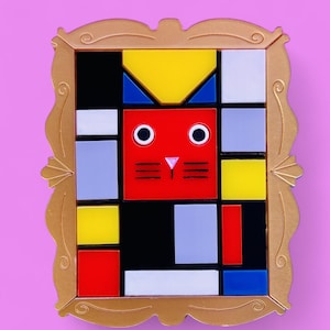 GATOS EN LA COLECCIÓN DE ARTE - Broche acrílico de gato estilo neoplasticismo/arte moderno