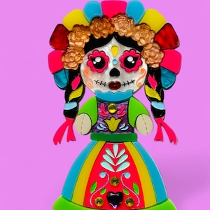 COLECCIÓN DIA De Los MUERTOS - Broche Acrílico Calavera Catrina Muñeca Lele