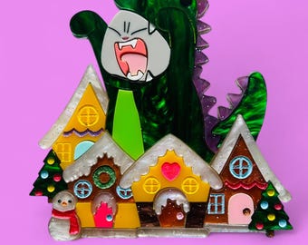 MEOWY CHRISTMAS COLLECTION - Christmas Collection - &quot;Catzilla & The Christmas Village&quot; Acrylic Brooch