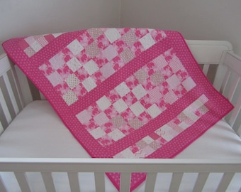 Baby Quilt Blanket Handmade Super Soft Cotton Flannel Girls Hot Pink Elephants and Roses