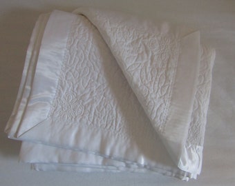 Solid White Whole Cloth Satin Bound Quilt Blanket Handmade Baby Infant Toddler Baptism Burial