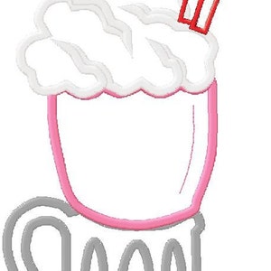 May include: A cartoon illustration of a milkshake with whipped cream, a cherry on top, and two red straws. The milkshake is in a glass with a handle and a grey base.