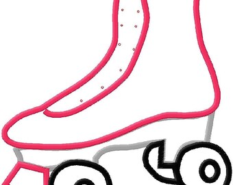 May include: A pink roller skate with black wheels. The skate has a white base and a pink boot with white stitching.