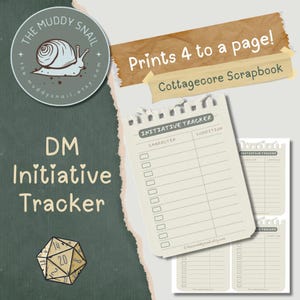 Puede incluir: Un imprimible digital de DM Initiative Tracker con un tema de scrapbook cottagecore. El diseño incluye un logotipo de caracol, un dado de 20 caras y el texto "Prints 4 to a page!" y "Cottagecore Scrapbook."