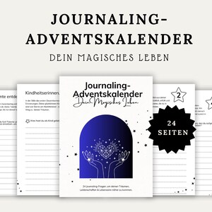 Può includere: Un calendario dell'avvento di giornalismo stampabile con uno schema di colori blu, viola e bianco. La copertina presenta un'illustrazione disegnata a mano di due mani che tengono un cuore con stelle. Il testo sulla copertina recita "Journaling-Adventskalender Dein Magisches Leben" e "24 Journaling-Fragen, um deinen Träumen, Leidenschaften & Lebenssinn näher zu kommen."