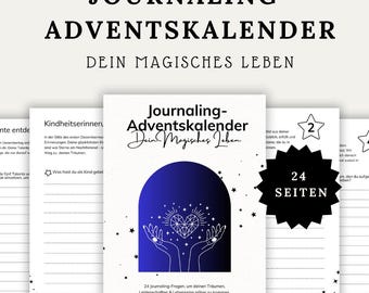 Puede incluir: Un calendario de adviento de diario imprimible con un esquema de color azul, morado y blanco. La portada presenta una ilustración dibujada a mano de dos manos sosteniendo un corazón con estrellas. El texto en la portada dice "Journaling-Adventskalender Dein Magisches Leben" y "24 Journaling-Fragen, um deinen Träumen, Leidenschaften & Lebenssinn näher zu kommen."
