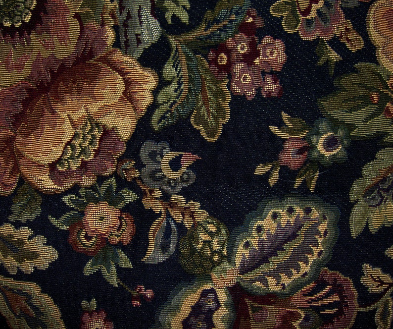 Vintage Floral Tapestry Fabric Home Dec Upholstery Woven Black Etsy