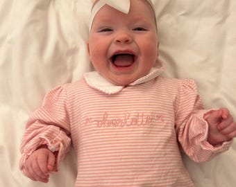 Easter Spring Pink Striped  Monogrammed Personalized Baby Bubble Romper Onesie