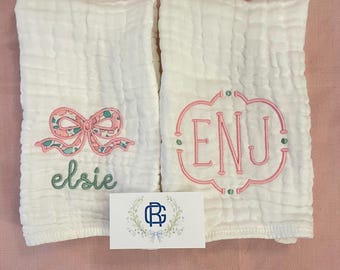 Custom Embroidered Muslin Baby Girl Burp Cloth Set, Monogrammed Newborn Gift, Pink, Bow
