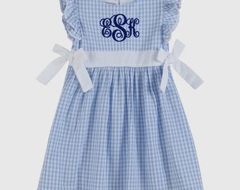 Monogrammed Gingham Dress, Ruffle Sleeve Cotton School Outfit