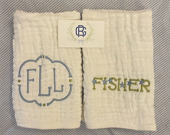 Custom Embroidered Muslin Baby Boy Burp Cloth Set, Monogrammed Newborn Gift