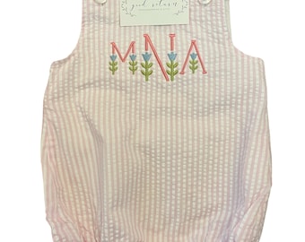 Personalized Pink Baby Bubble, Seersucker Summer sunsuit, Baby Seersucker Bubble Romper