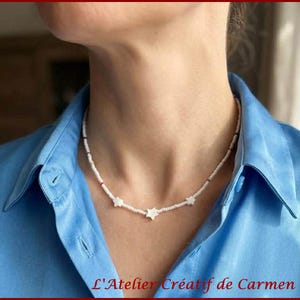 Collar hecho de cuentas de concha blanca natural en forma de estrella de 6-8 mm y cuentas de semillas Miyuki Delica.