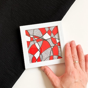 4 x 4 in Mini Red Abstract Art originale con cornice – Disegno a mano e pittura su carta per acquerello. Mini pittura – Disegno a inchiostro originale