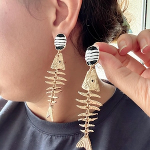 Fishbone Brand Earrings – Large Gold Fishbone Dangle Earrings, Unique Animal Jewelry Gift for Her