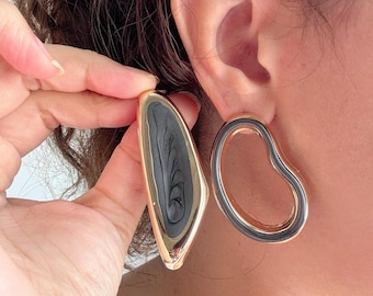 Abstract Modern Art Earrings | Asymmetrical Gold Statement Earrings in Black or Red | Bold Geometric Drop Earrings | Gift for Her