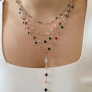 Gold Plated Y Necklace: Multi-Colored Gemstone Lariat Pendant