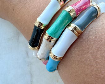 Colorful Enamel Bracelet – Gold Trim Vintage Style Bangle | Multiple Options (Blue, Black-White, Fuchsia-Green-White)