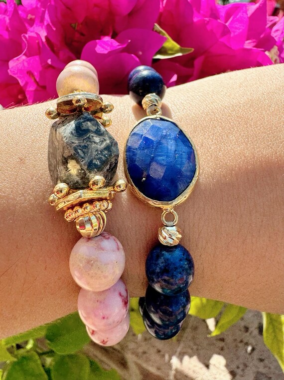 Pink Blue Gemstone Bracelet: Calming Lapuzi Stone, Wellness Gift