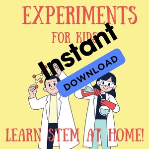 May include: Two children dressed as scientists, one holding a molecule model and the other holding a beaker, with the text "10 Scientific Experiments for Kids Instant Download" on a yellow background.