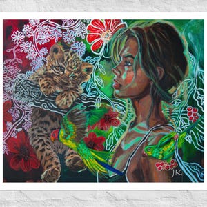 Stampa opaca di un poster raffigurante una donna con un cucciolo di leopardo – Decorazione murale ispirata all'arte della giungla, alla natura e alla fauna selvatica, stampa su carta di un dipinto a olio originale