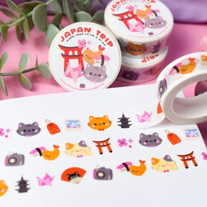 Washi Tape Kawaii Cat Japan Trip • Washi Tape crafts • Bujo Stationery • Planner Notebook Washi