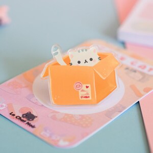 Può includere: Un gatto bianco con il naso rosa e gli occhi a forma di cuore spunta da una scatola di cartone marrone con un adesivo a forma di cuore rosso e un'etichetta bianca. La scatola è su una carta rosa e bianca con il testo "Le Chat Noir" e "Box Cat".