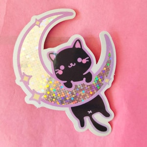 Waterproof sticker Kawaii Moon Cat Glitter • Cute Vinyl Stickers • Kawaii Stationery • Laptop cute stickers