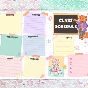 Può includere: Un orario scolastico colorato con uno sfondo a griglia, con note adesive pastello per ogni giorno della settimana. Le parole "CLASS SCHEDULE" sono visualizzate su una lavagna. Un insegnante di gatti dei cartoni animati indica la lavagna.