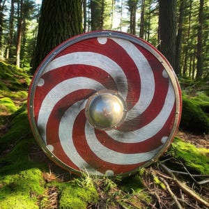 May include: A round, wooden shield with a red and white spiral pattern. The shield has a metal rim and a metal boss in the center.