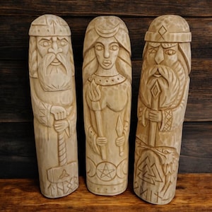 Scandinavian Gods Odin Freya Thor Hecate Idunn Wood Figurine Norse Gods Viking Statue Pagan Altar Asatru Norse Wood Carving Statue Pantheon