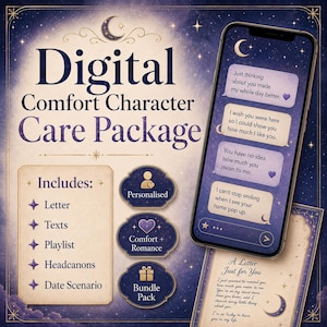 Può includere: Un grafico digitale per un pacchetto di cura del personaggio comfort con uno smartphone che mostra messaggi di testo romantici, una lettera intitolata A Letter Just for You e un elenco di inclusioni: Letter, Texts, Playlist, Headcanons, Date Scenario.