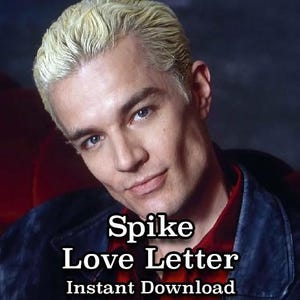 May include: A man with platinum blonde hair, wearing a red plaid shirt under a dark blue denim jacket. The image includes the text "Spike Love Letter Instant Download" in white.
