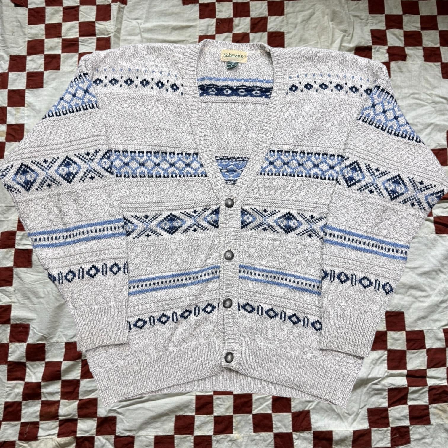 大特価!! St 1990s Vintage John's Made L Size Cardigan Knit Cotton Bay トップス