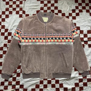 Vintage Brown Suede Bomber Jacket With Knit Details Size Large