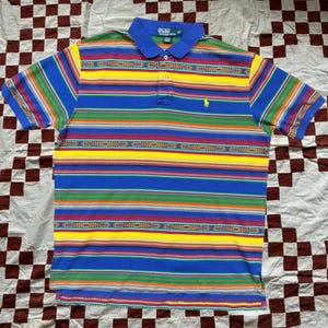 Vintage 1990s Polo Lauren Lauren Aztec Tribal Striped Polo Shirt Size X-Large
