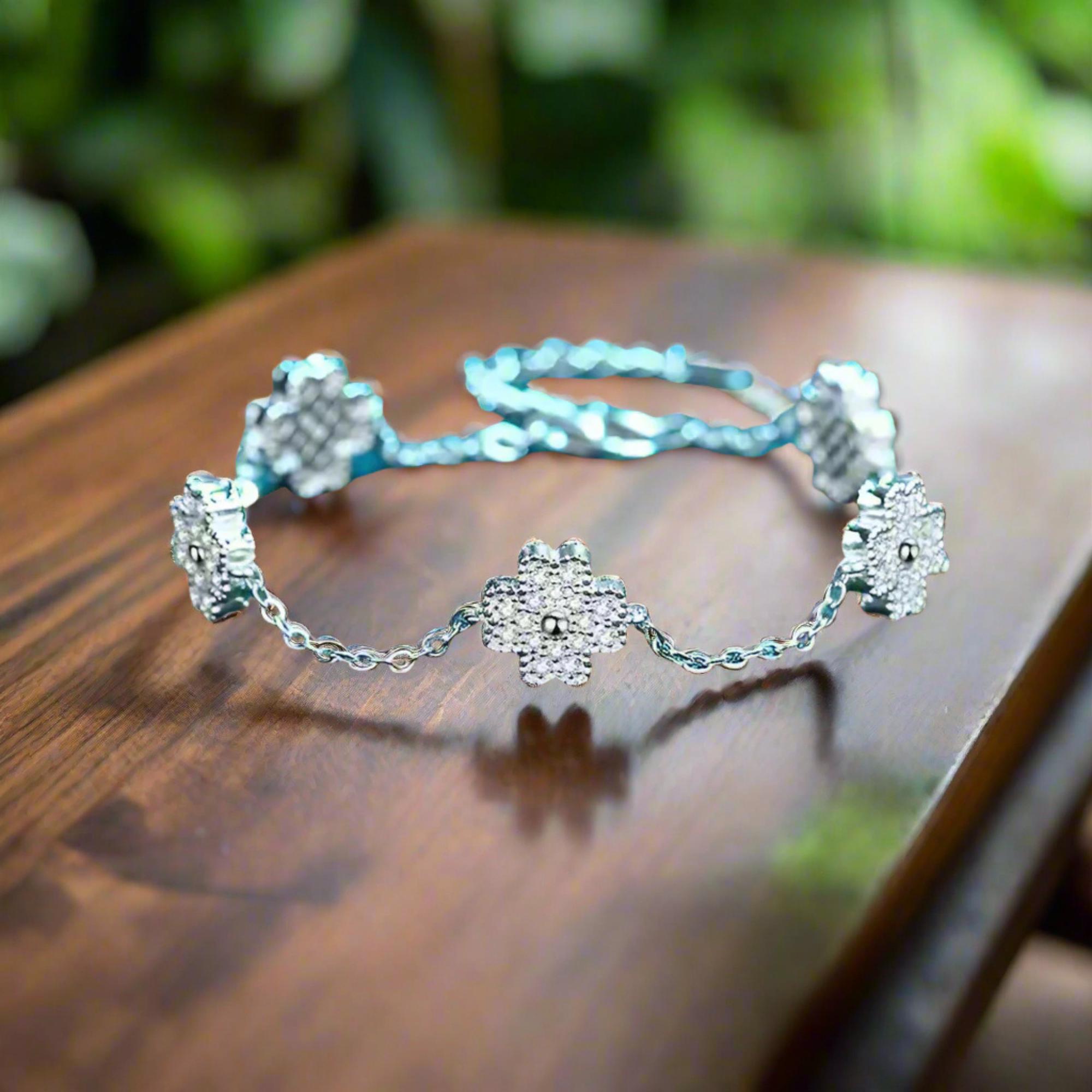 Sterling Silver Four Leaf Clover Bracelet: Moissanite Lucky Charm