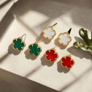 1&quot;Ainpa 9-Color Natural Stone Five Petal Leaf Earrings for Women, 18K Gold Plated Clover Earrings, Luxury Four Leaf Clover Gift&quot;