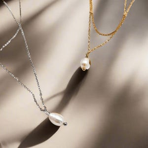Freshwater Pearl Necklace: Double Layer Gold Drop, Minimalist Wedding Jewelry