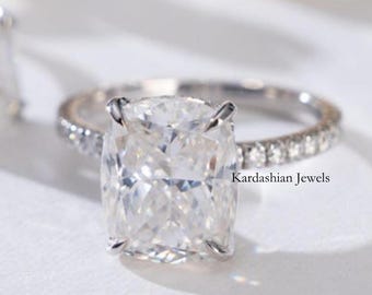 3.50CT Cushion Cut Moissanite Engagement Ring, Cushion Cut Hidden Halo Diamond Ring, 14k White Gold Pave Basket Setting Ring, Proposal Ring