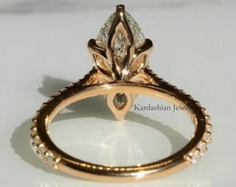 Tulip Set Marquise Cut Moissanite Engagement Ring, 14k Rose Gold Cathedral Set Anniversary Ring, Antique 3/4 Eternity Pave Set Promise Ring